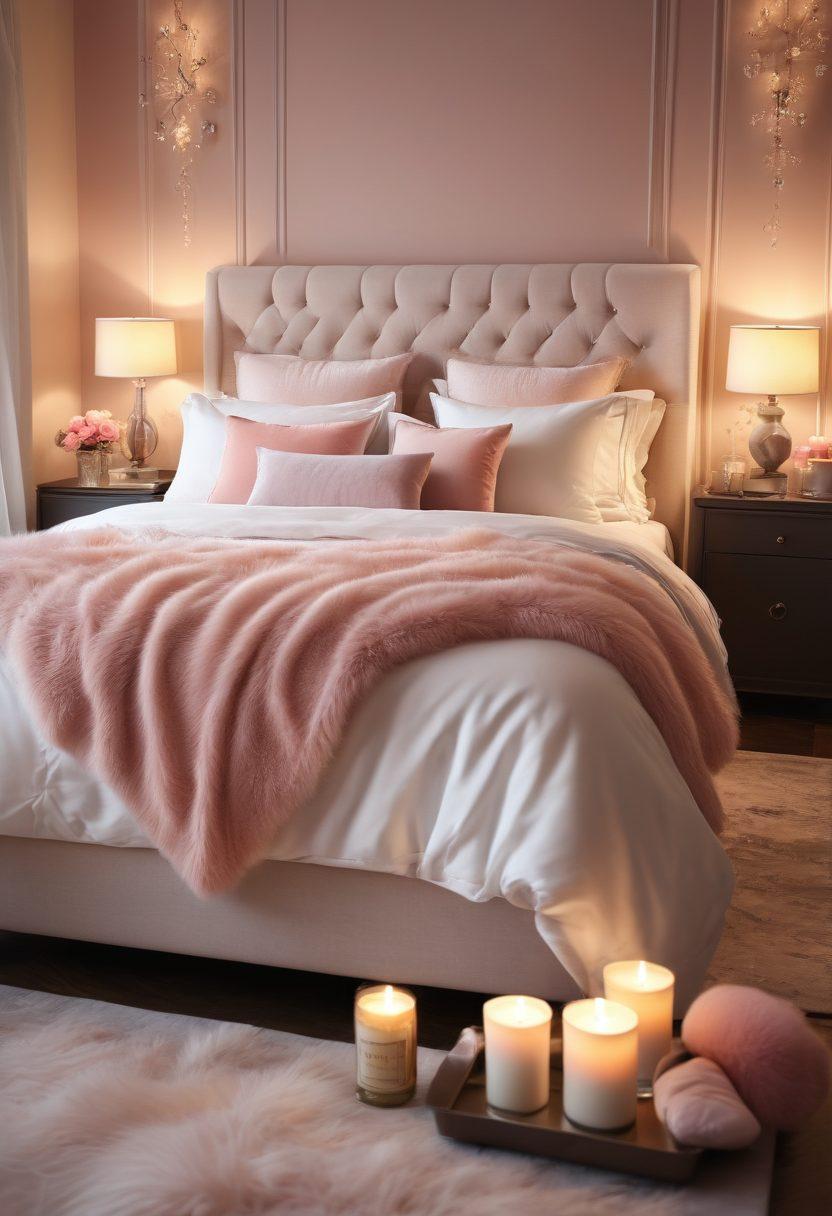 A luxurious, softly lit bedroom adorned with plush pillows and inviting textures, showcasing intimate tools like sensual massage oils and elegant candles. The atmosphere should evoke romance and warmth, featuring a couple sharing a tender moment, silhouettes blending together in passion. Soft pastel colors dominate the scene, creating a harmonious and relaxing environment. super-realistic. vibrant colors.