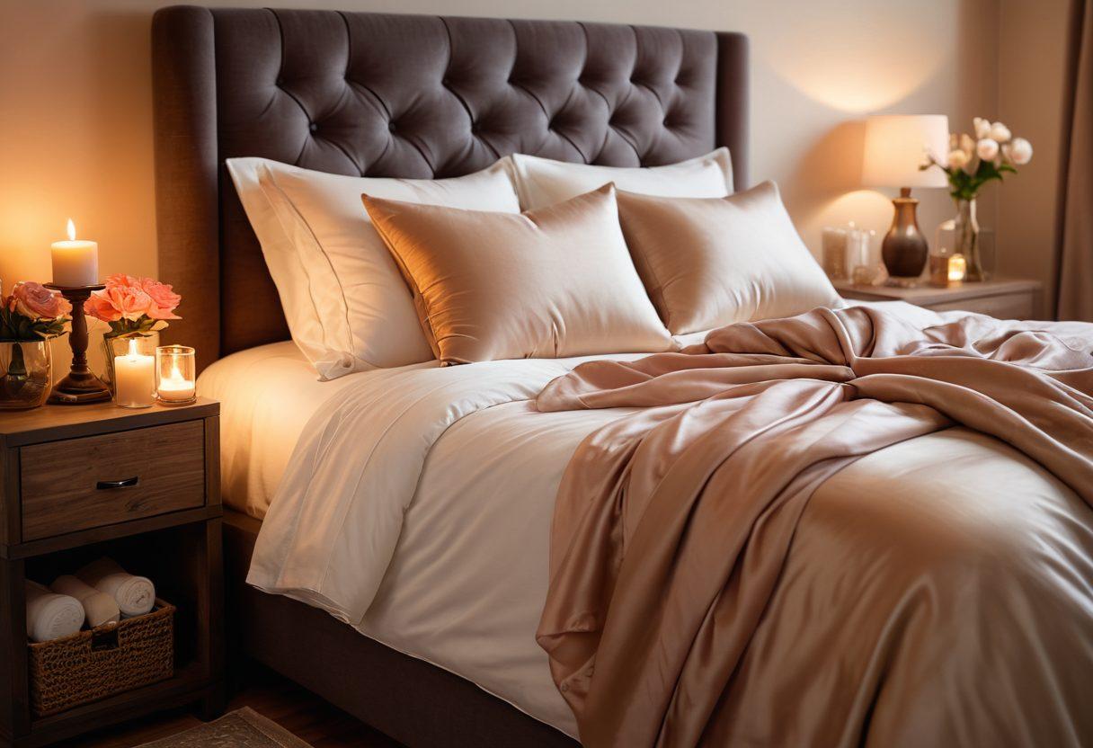 A serene, cozy bedroom setting with soft lighting and romantic decor, featuring two intertwined hands on a silk pillow, symbolizing intimacy and connection. In the background, subtle hints of wellness elements like candles and aromatherapy oils, mixing warmth with empowerment. The color palette should evoke calmness and passion, with an inviting atmosphere. soft focus. warm tones. elegant touch.