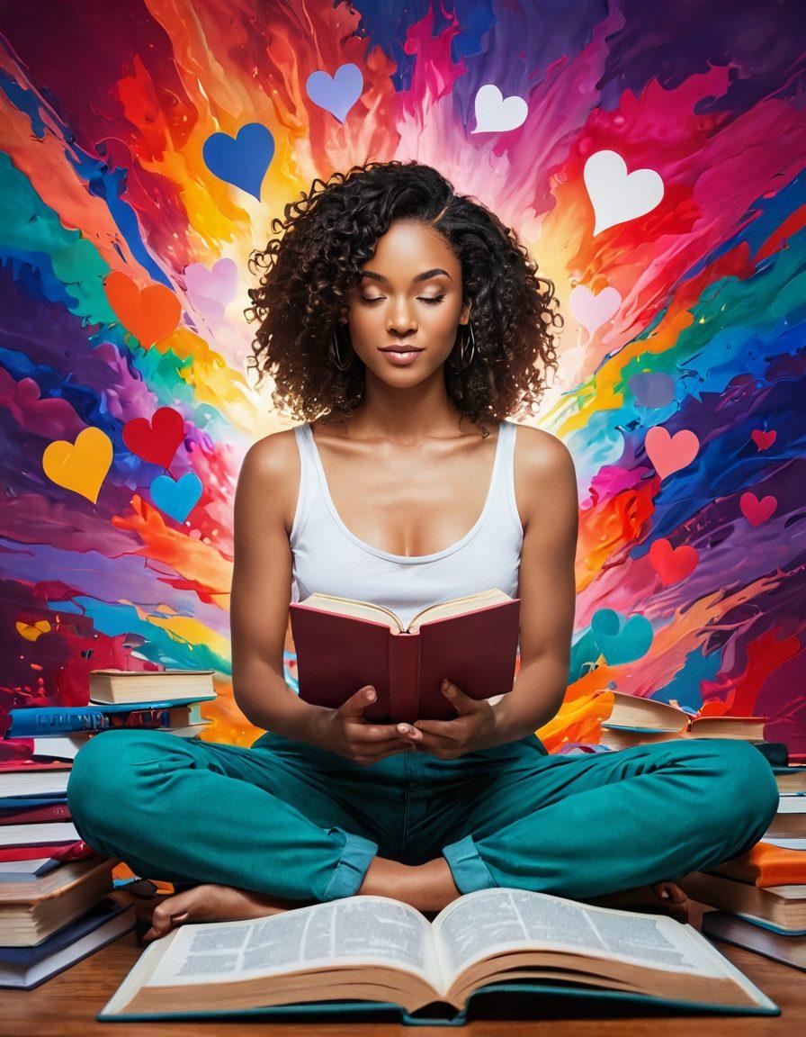 A confident individual surrounded by vibrant symbols of empowerment and sexuality, such as open books, hearts, and abstract representations of intimacy, set against a backdrop of a serene and inviting environment. Soft light illuminates the scene, highlighting the individual's expression of freedom and self-acceptance. The colors are bold and warm, embodying energy and positivity. super-realistic. vibrant colors. white background.